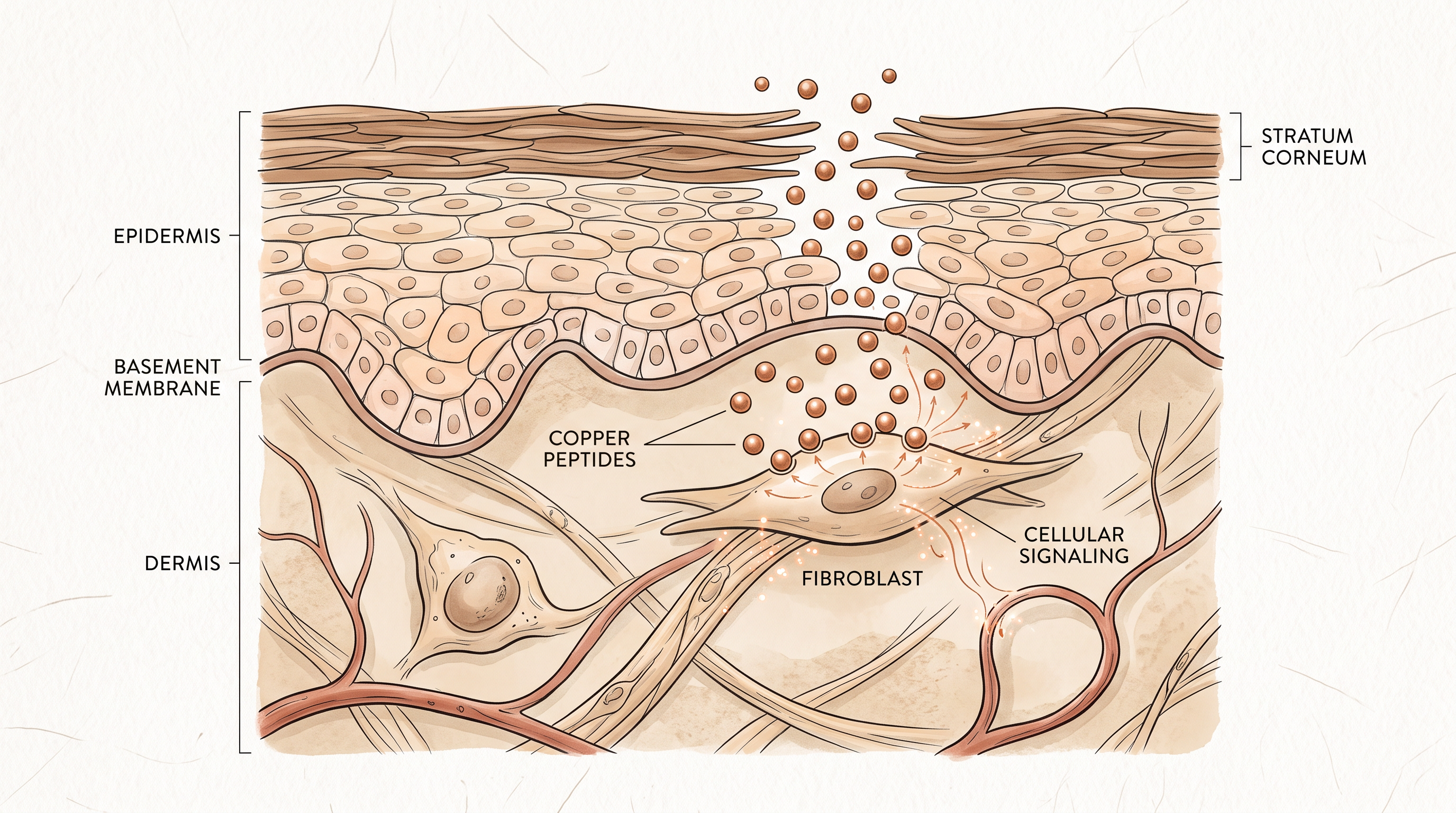Diagram showing GHK-Cu copper peptides signaling to fibroblast cells in the upper dermis
