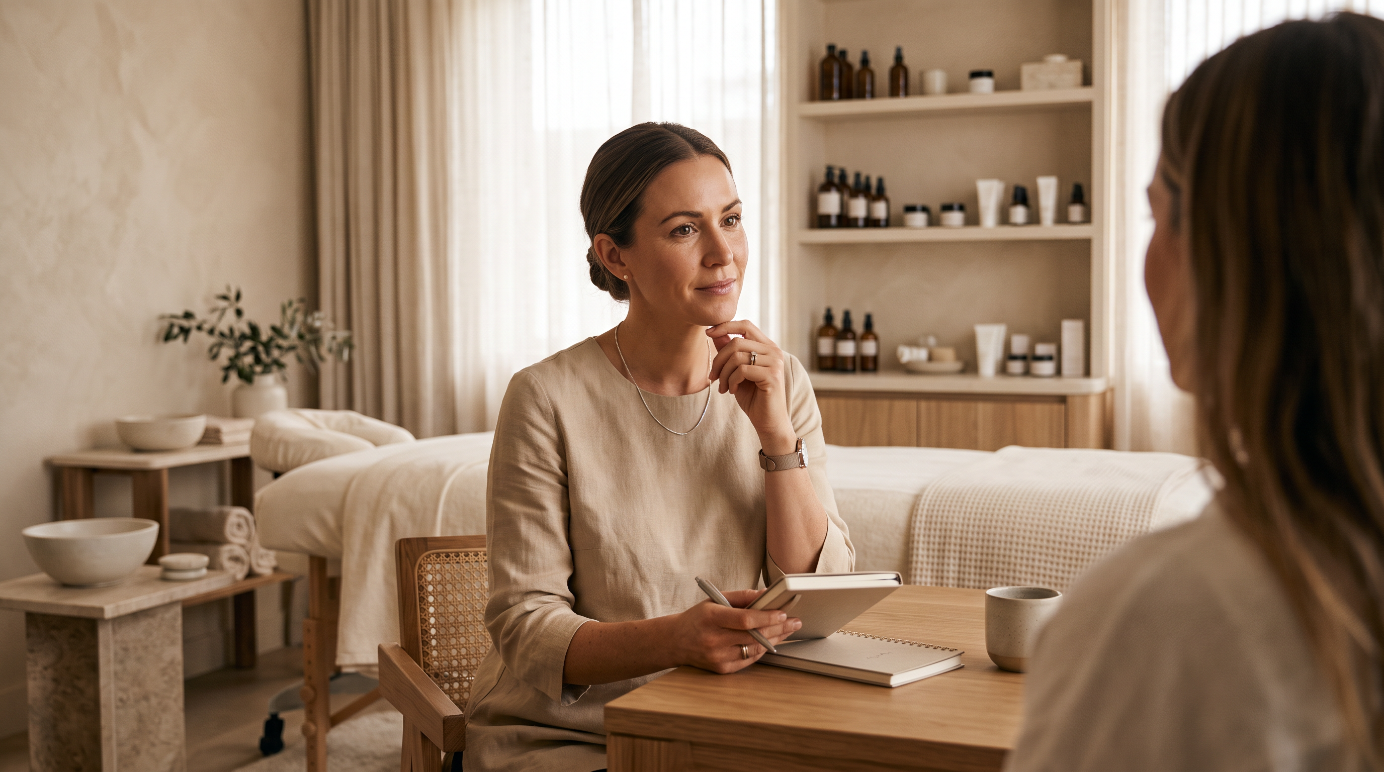 Esthetician consulting with a client in a treatment room